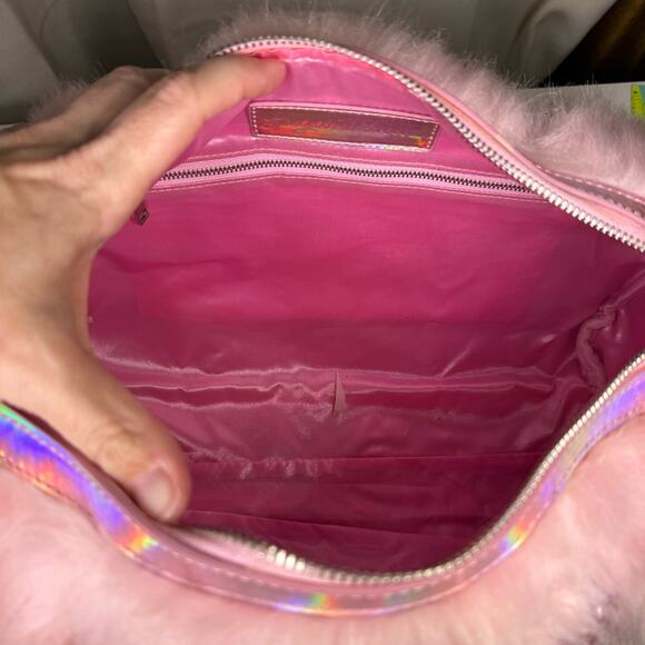 DOLLS KILL SUGAR THRILLZ PINK FAUX FUR SHAGADELIC HOLOGRAPHIC WEEKENDER NWT - Picture 10 of 15